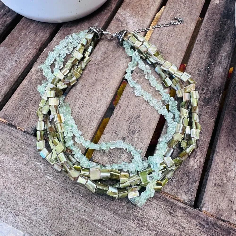Chunky Multi-Strand Green Gemstone & Mother of Pearl Statement Necklace
